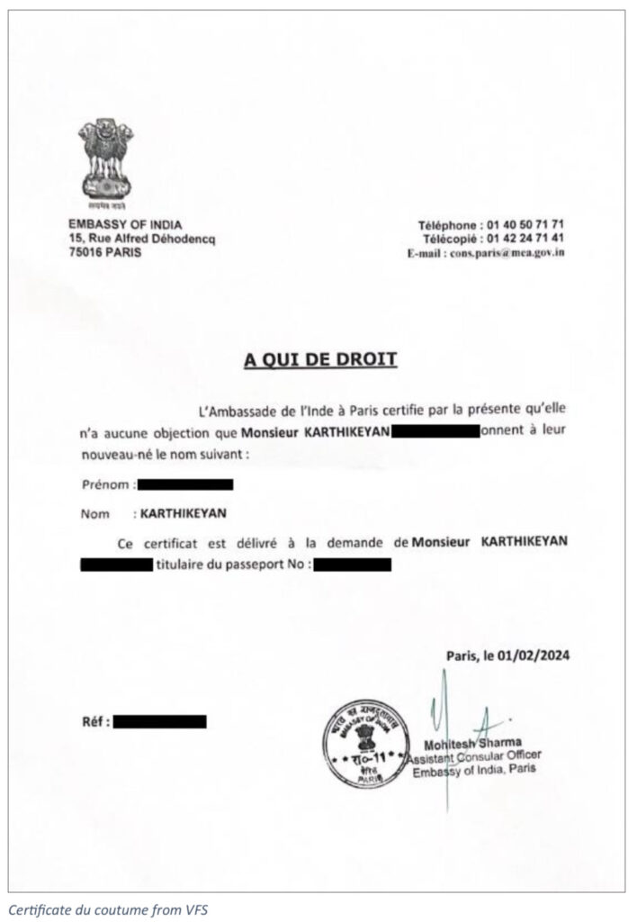 Certificat de coutume for Newborn Child prasanthragupathy