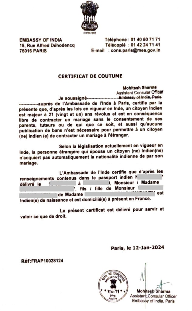 Certificat de coutume for marriage or pacs in france-prasanthragupathy.com