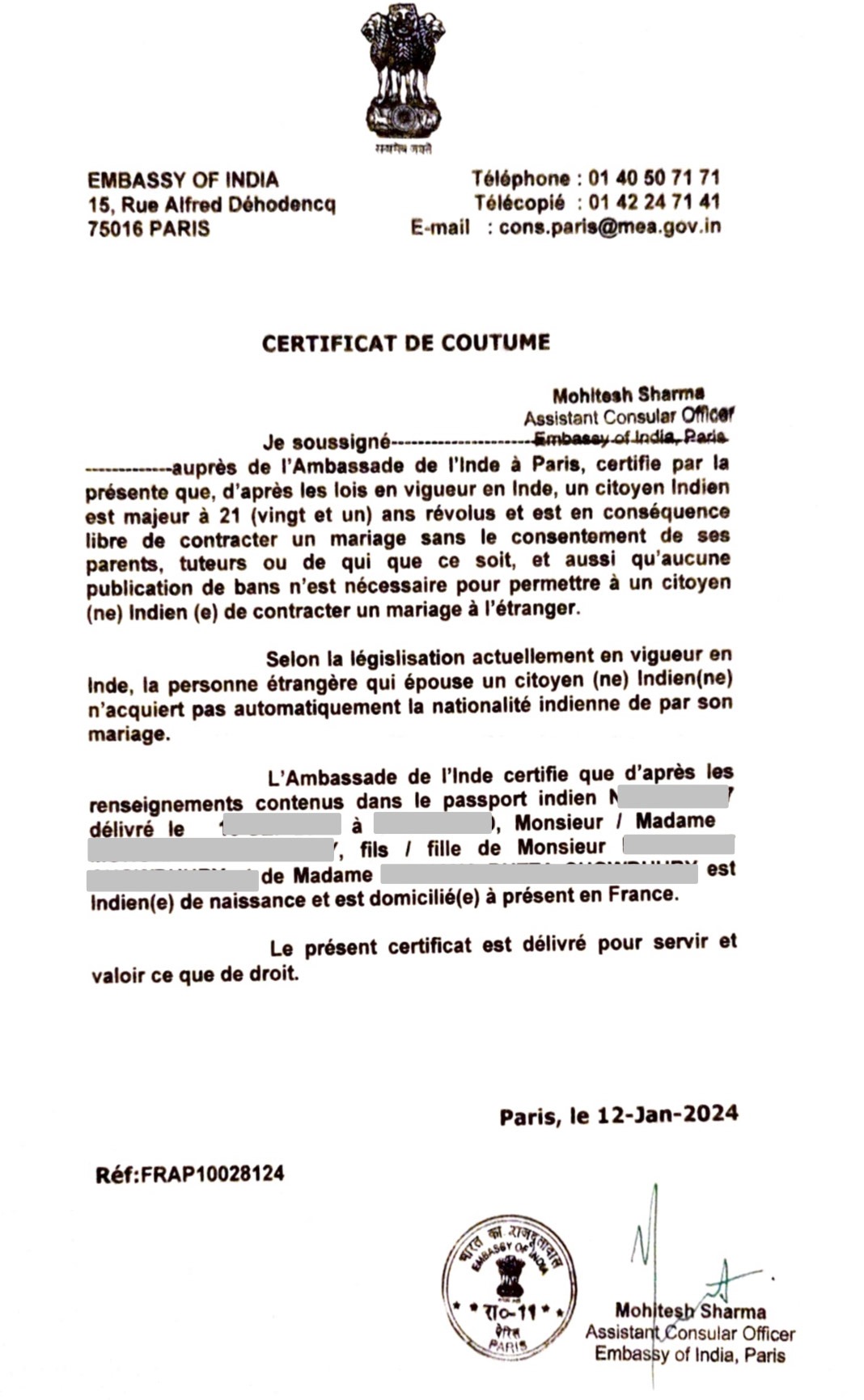 VFS Certificat de coutume for PACS in France Prasanth Ragupathy