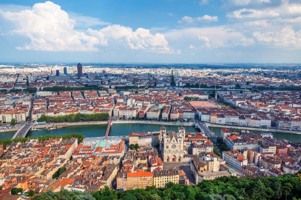 famous view of Lyon from the Notre Dame de Fourviere Basilica