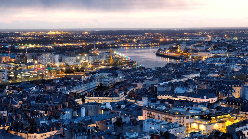 Aerial Night view of Nantes city from Tour Bretagne
