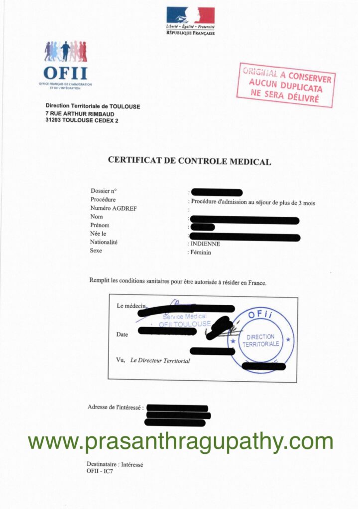 OFII Medical Test for New Arrivals in France: Test Certificate