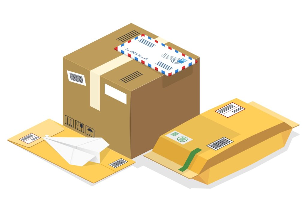 Vector illustration of small parcel shipping, featuring cardboard boxes, padded envelopes and an air mail letter with shipping labels and barcodes, ideal for logistics, e-commerce or delivery content.